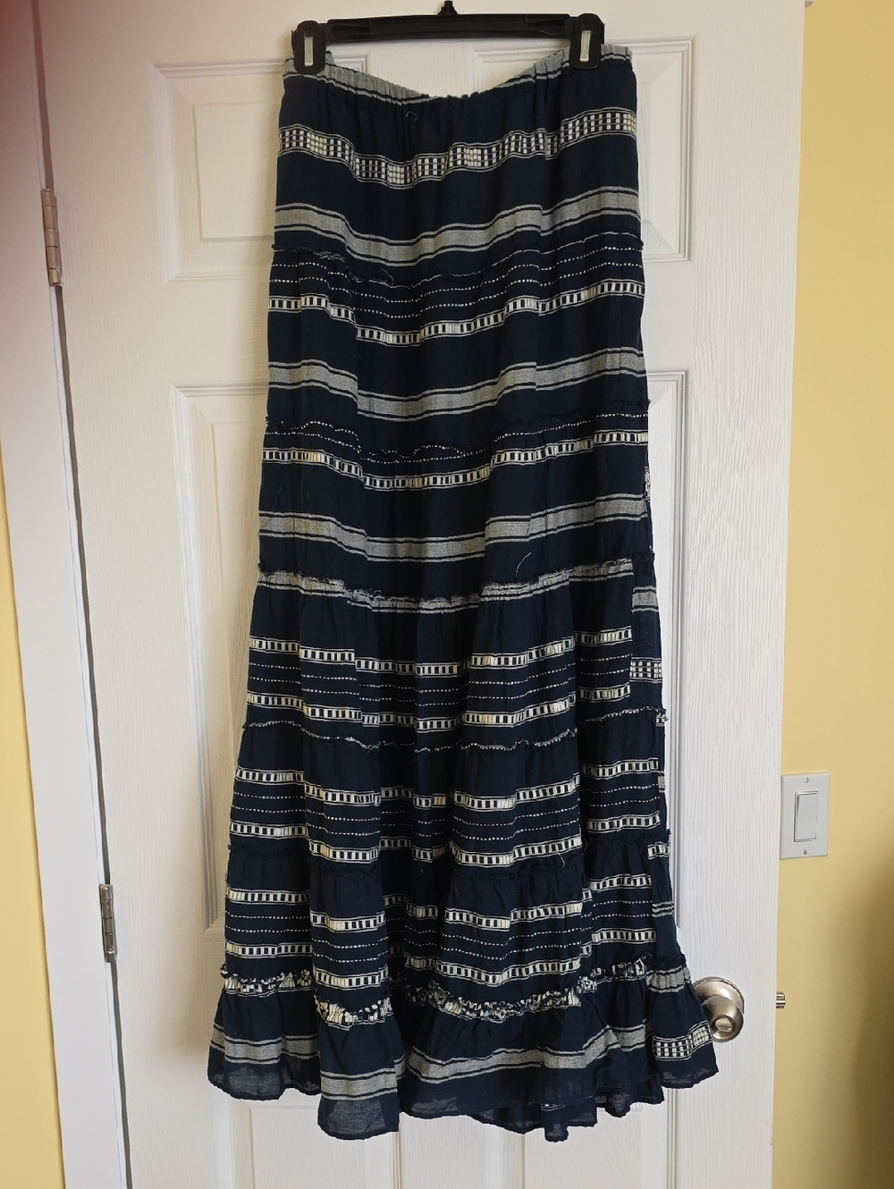 DENIM & SUPPLY, RALPH LAUREN, Boho Tiered Maxi Skirt in Navy and White